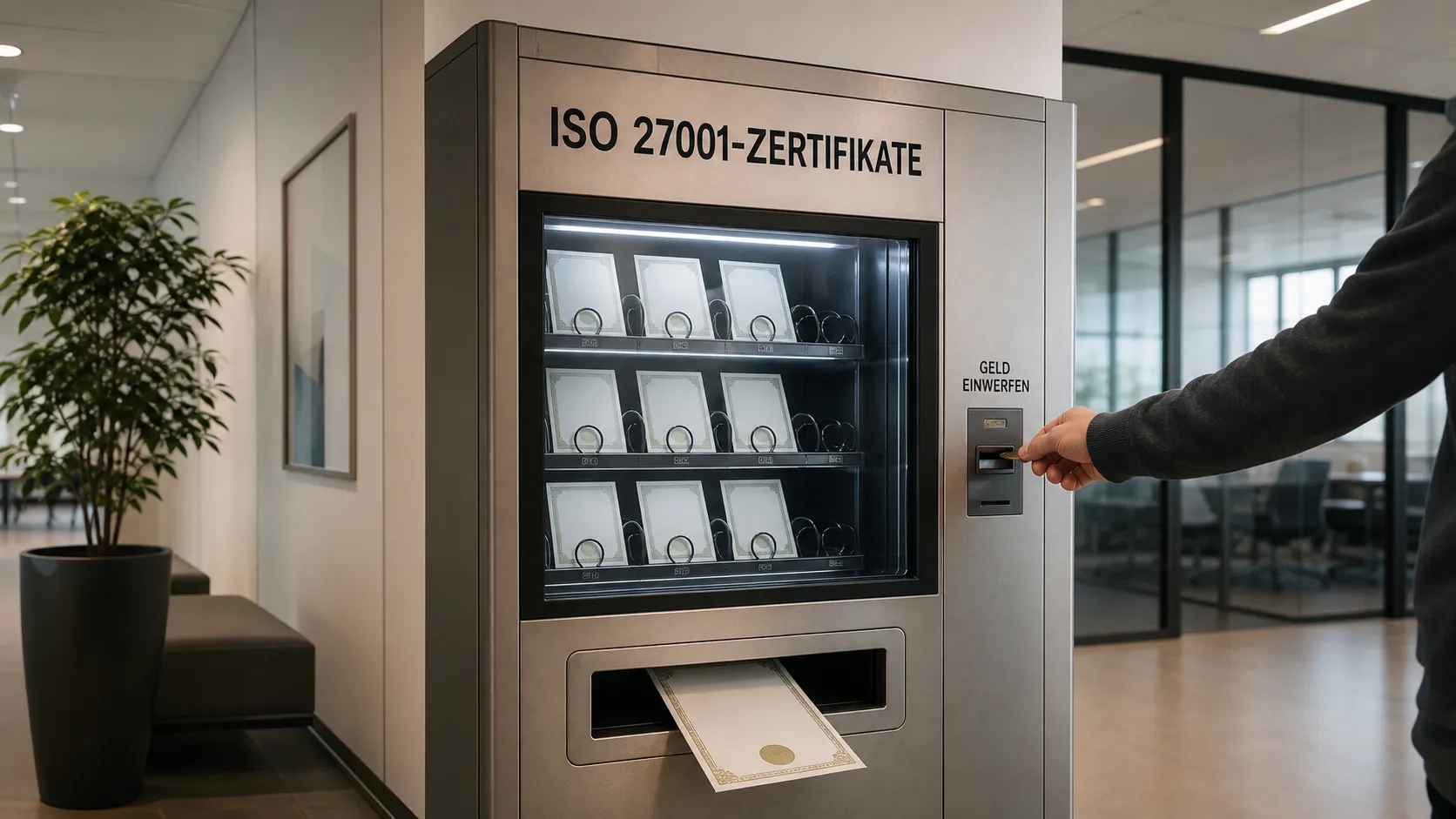 Zertifikatsautomat mit der Aufschrift „ISO 27001-Zertifikate“: Geld einwerfen, Zertifikat entnehmen