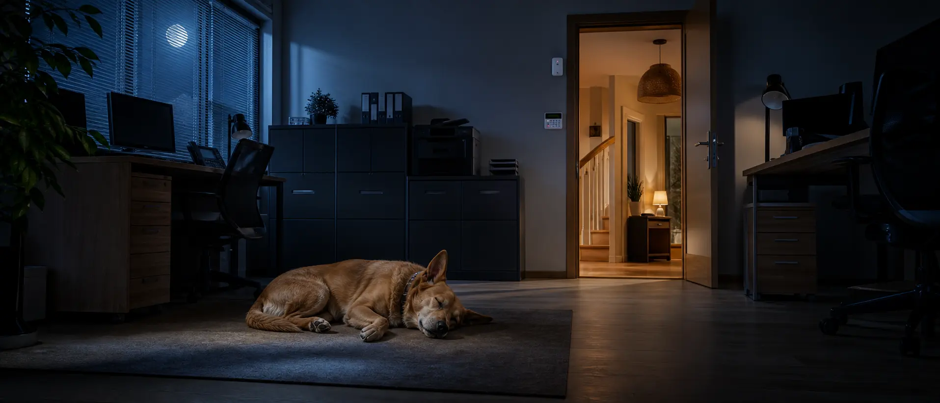 Familienhund schläft nachts in den Büroräumen, die unmittelbar mit dem Wohnhaus verbunden sind