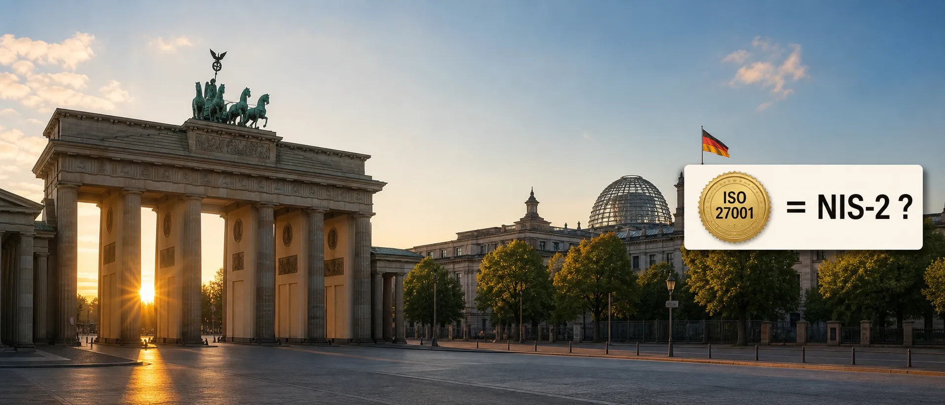 Brandenburger Tor mit deutscher Flagge und der Frage ISO 27001 gleich NIS-2?