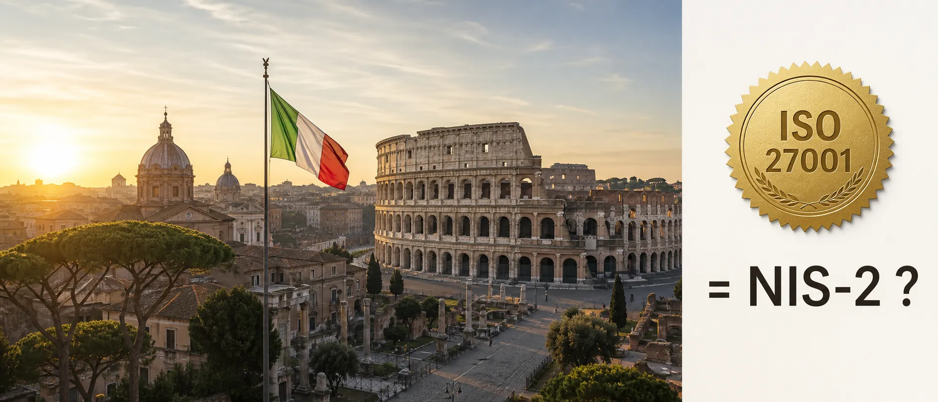 Rom mit Kolosseum, italienischer Flagge und der Frage ISO 27001 gleich NIS-2?