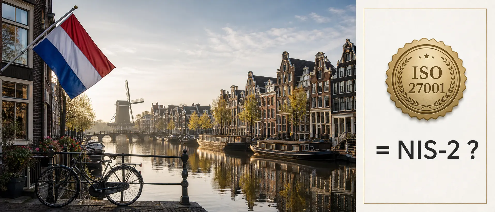 Niederländische Gracht mit Flagge und der Frage ISO 27001 gleich NIS-2?