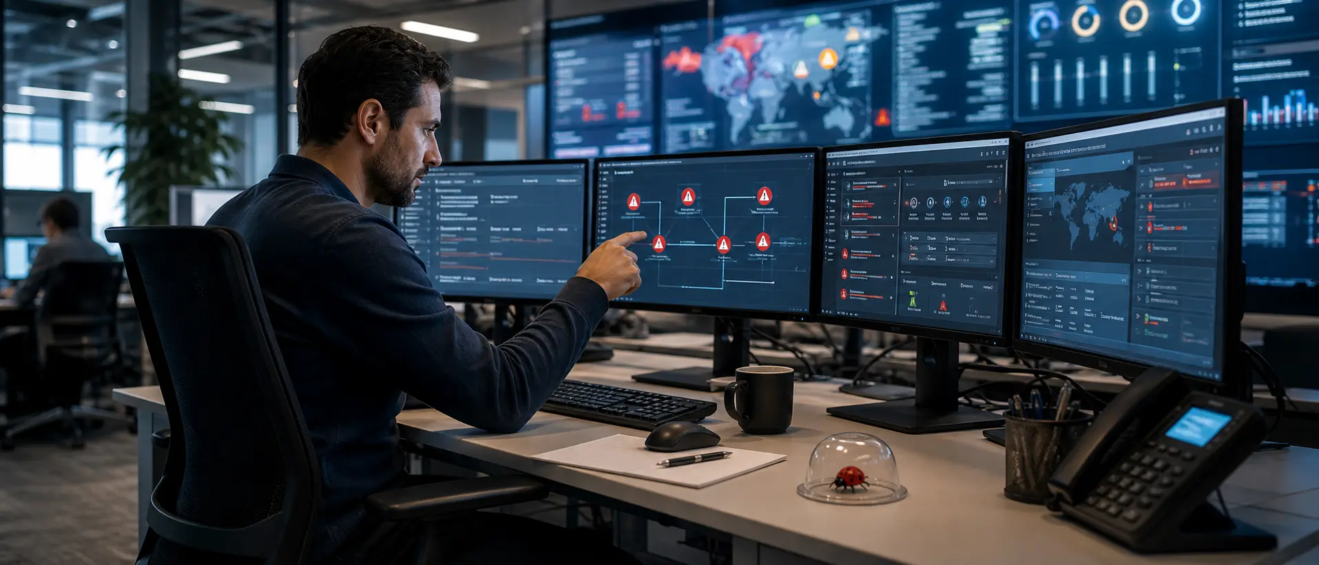 Administrator verfolgt einen Malware-Alarm durch mehrere Schutzschichten