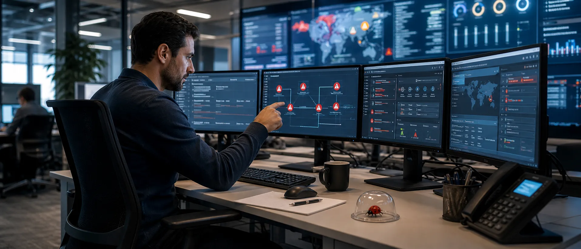 Administrator verfolgt einen Malware-Alarm durch mehrere Schutzschichten