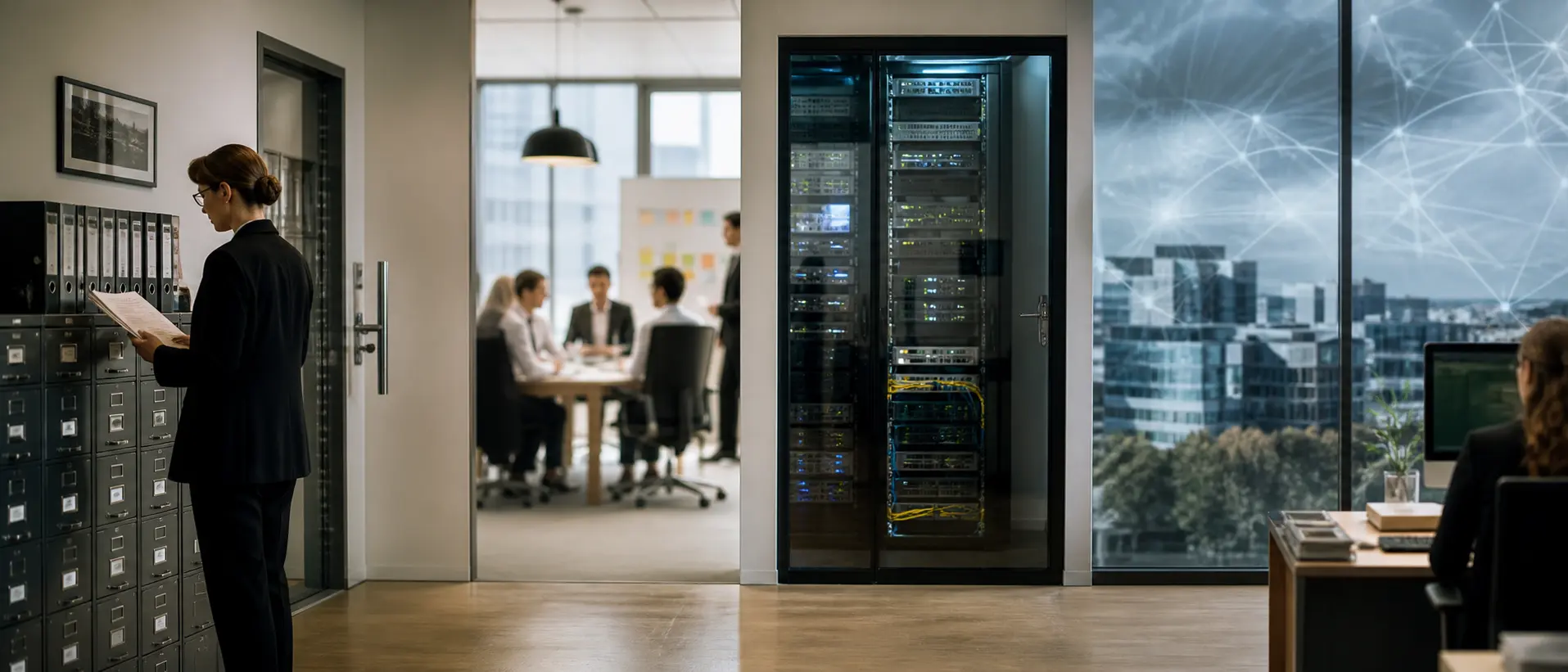 Büro mit Akten, Besprechung, Servertechnik und digitaler Vernetzung als unterschiedliche Bereiche der Informationssicherheit