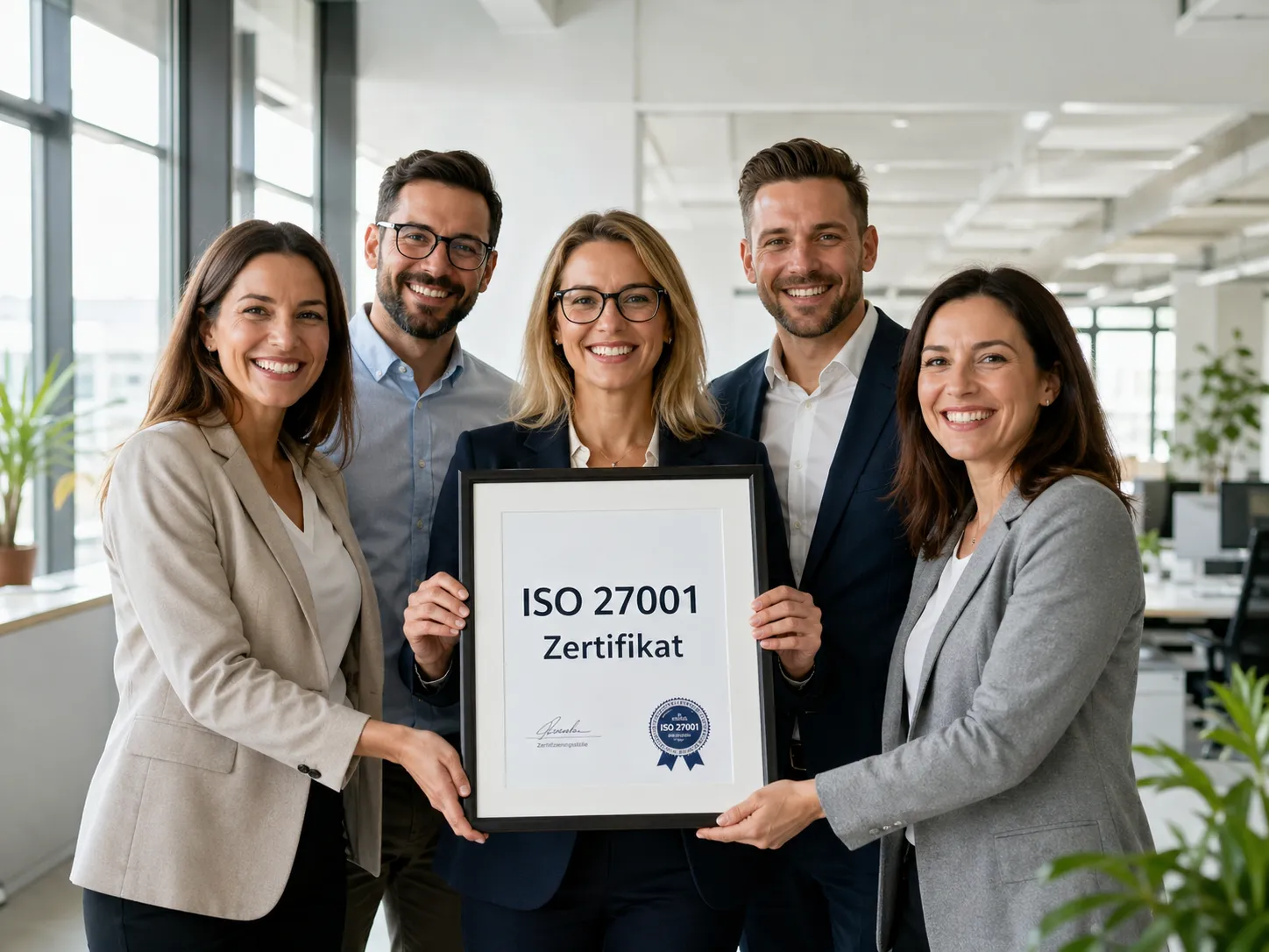 Projektteam präsentiert die ISO-27001-Zertifizierungsurkunde