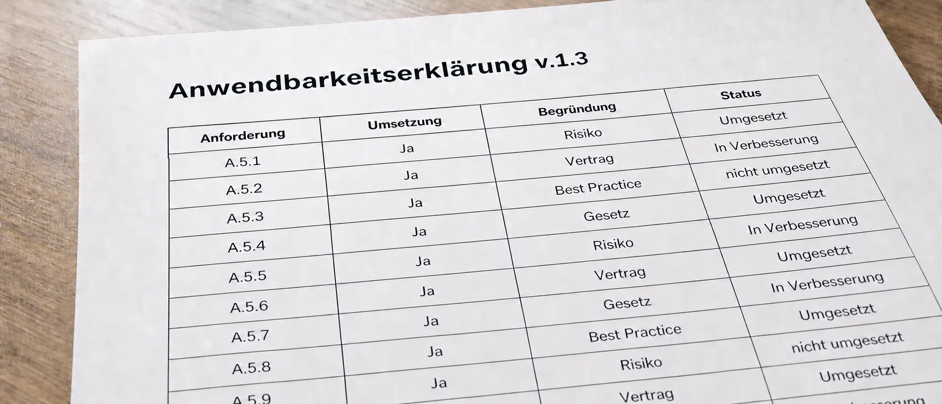Anwendbarkeitserklärung mit fortlaufenden Controls, Begründungen und Umsetzungsstatus